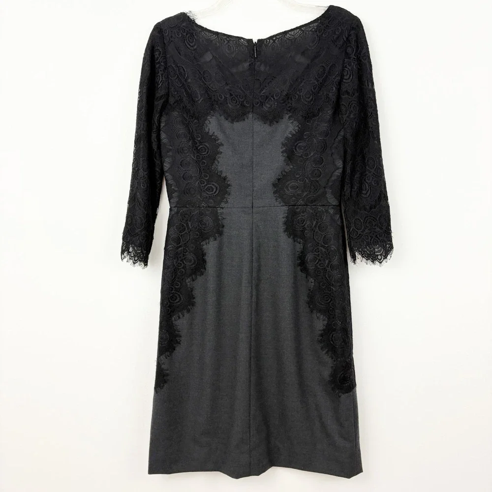 NWT Tory Burch Lainey Dress Size 6 Grey Melange Black Lace 3/4 Sleeve Wool Blend